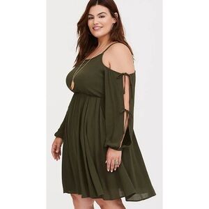 Torrid Olive Green Cold Shoulder Dress Size 3 3X Flowy Boho Stretch Dress